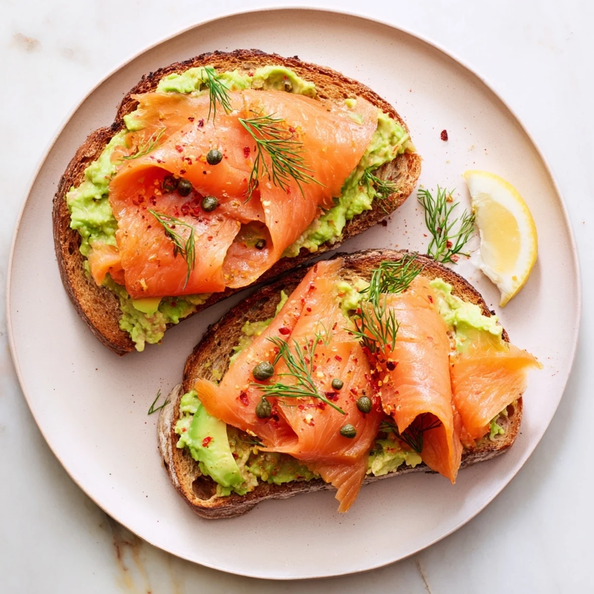 Salmon Avocado Toast on toasted sourdough, silky smoked salmon, lemon wedge