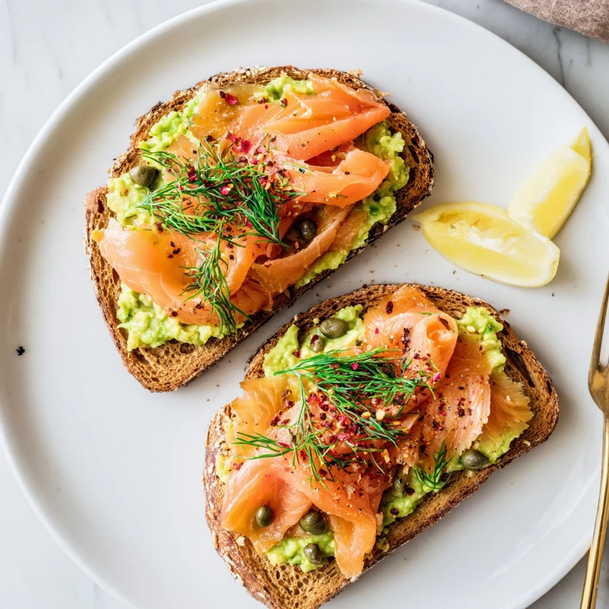 Creamy Salmon Avocado Toast topped with dill, capers, and red pepper flakes
