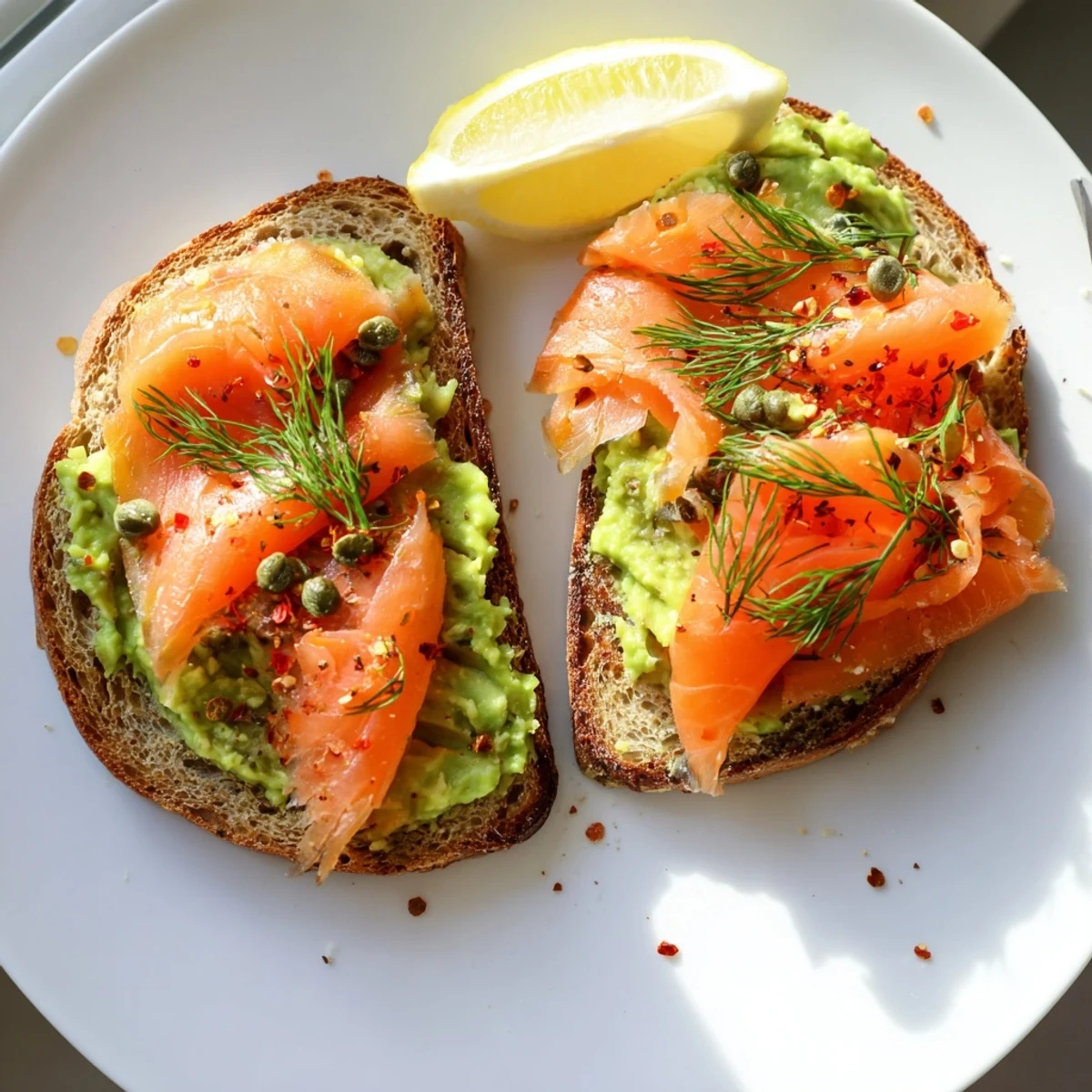 Bright Salmon Avocado Toast layered on crisp toast, perfect for brunch