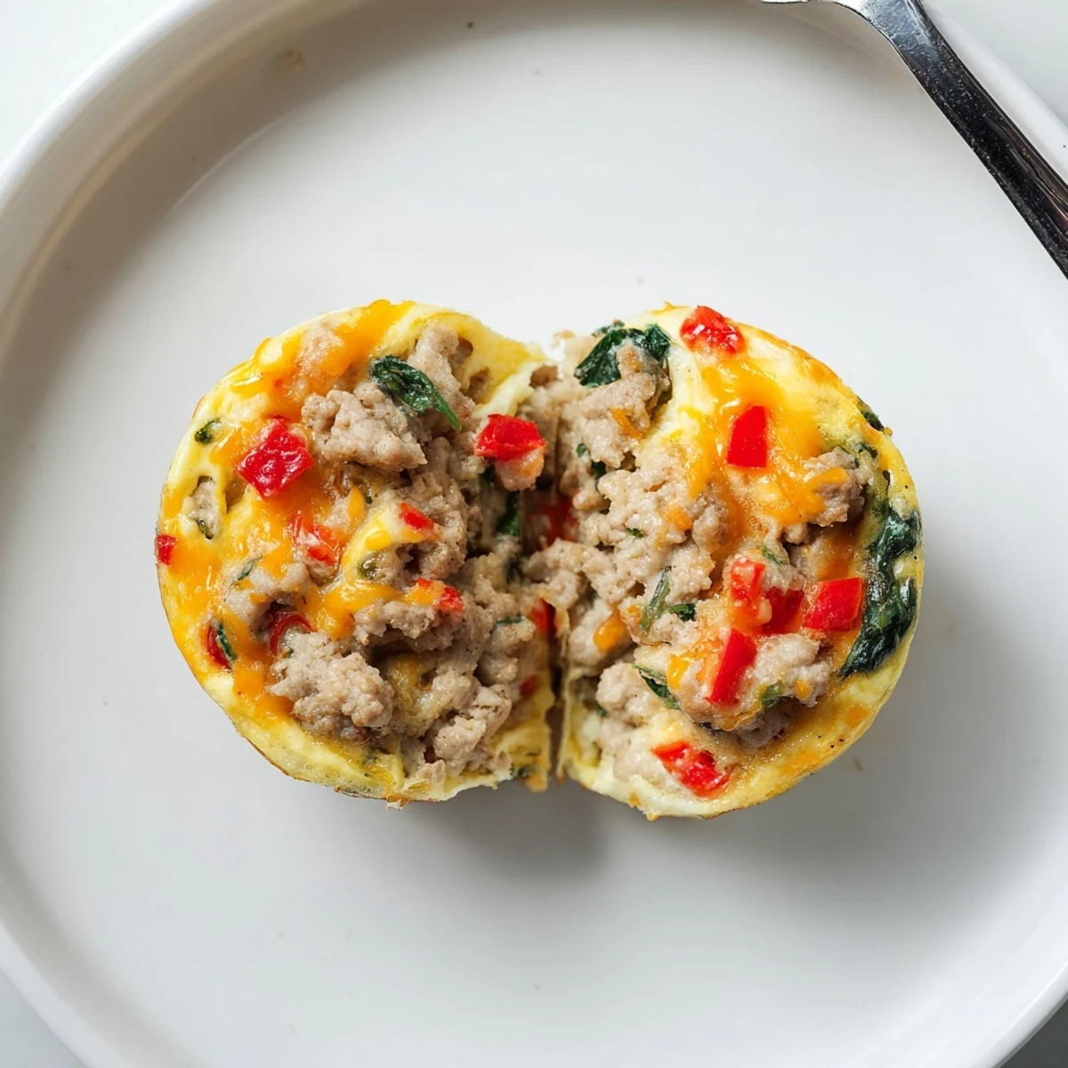 Freshly baked Turkey Sausage Egg Muffins cooling in tin, herbs and peppers visible