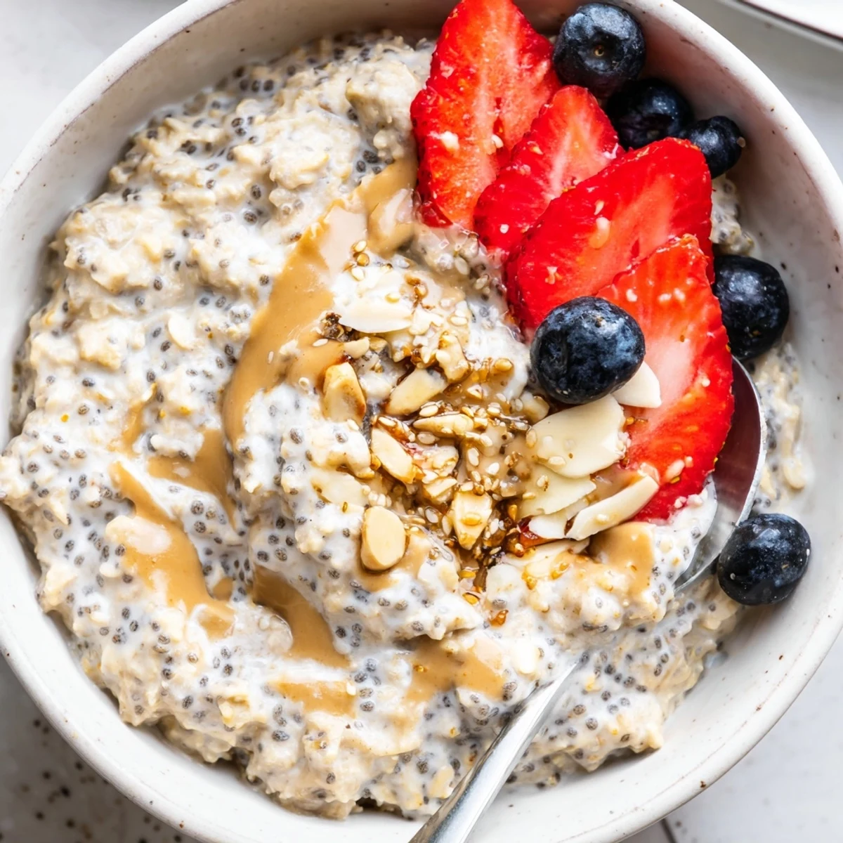 Creamy Protein Overnight Oats topped with fresh berries and crunchy nuts