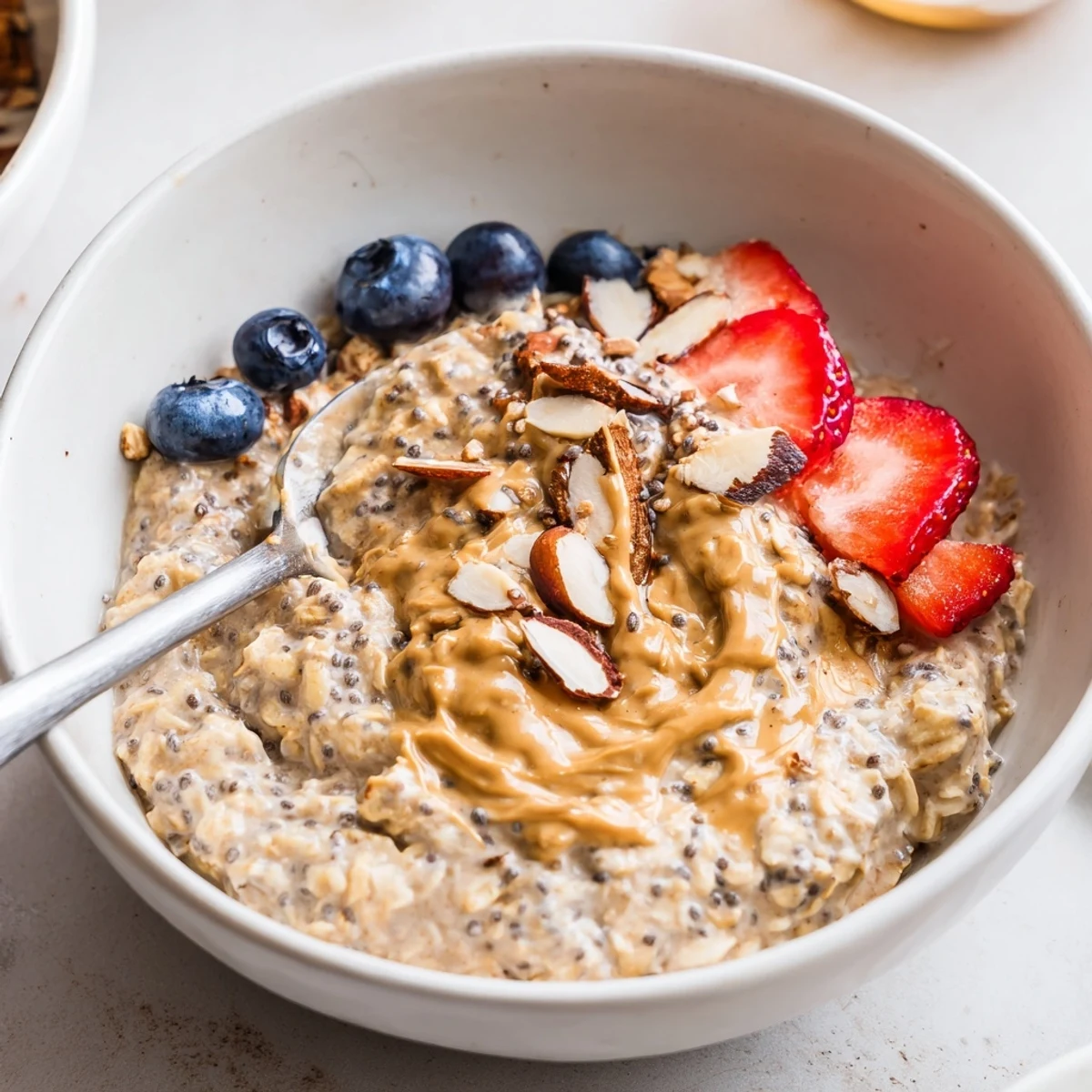 Jar of chilled Protein Overnight Oats stirred smooth, drizzled with maple