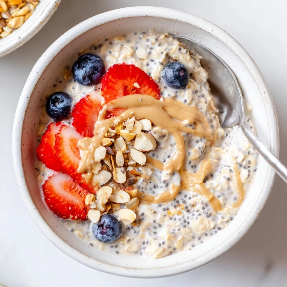 Hearty Protein Overnight Oats served cold with spoon, nut butter swirl