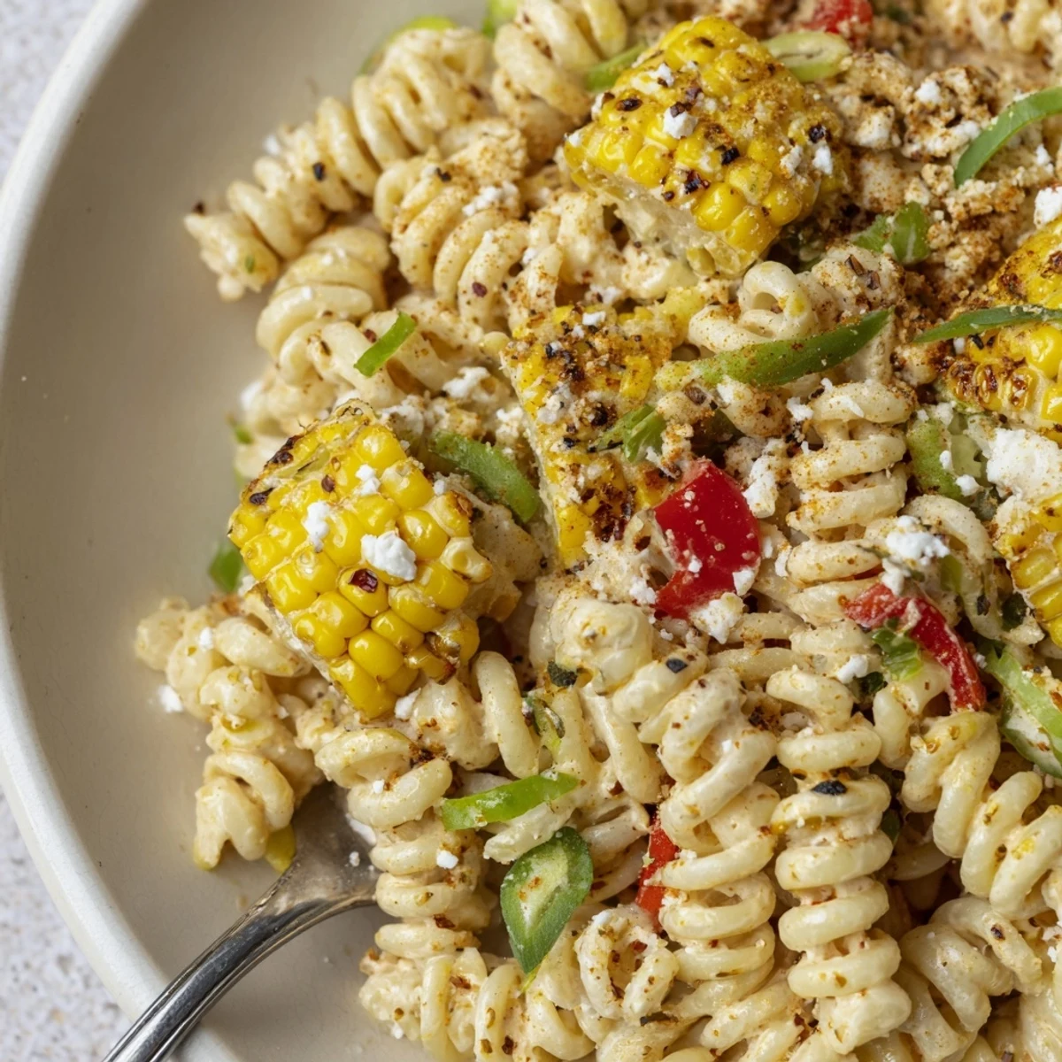 Street Corn Pasta Salad with charred corn, creamy chili lime dressing, picnic ready