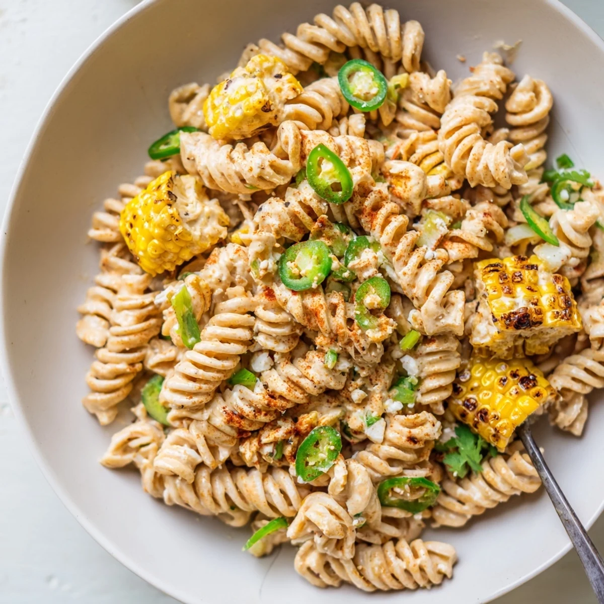 Chilled Street Corn Pasta Salad tossed with Cotija, cilantro, zesty lime, smoky paprika