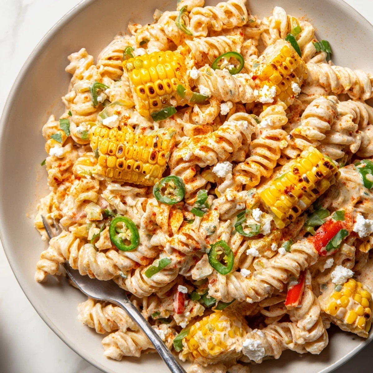 Grilled Street Corn Pasta Salad served at barbecues, bright, tangy, cool spoonful