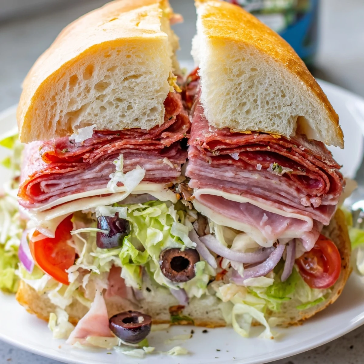 Serve Italian Grinder Salad Sandwich halved and pressed, revealing savory meats and crunch