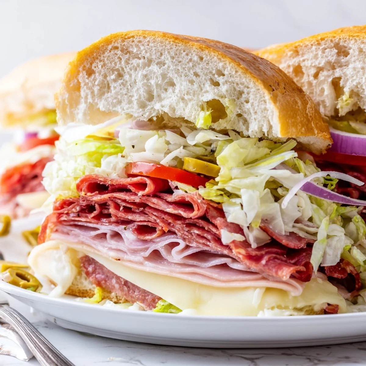 Toasted Italian Grinder Salad Sandwich overflowing with pepperoncini, juicy tomatoes, zesty dressing