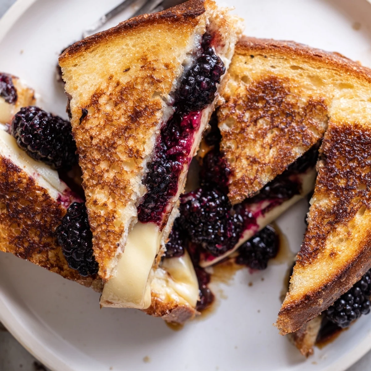 Pan pressed Blackberry Balsamic and Brie Grilled Cheese served with fresh basil