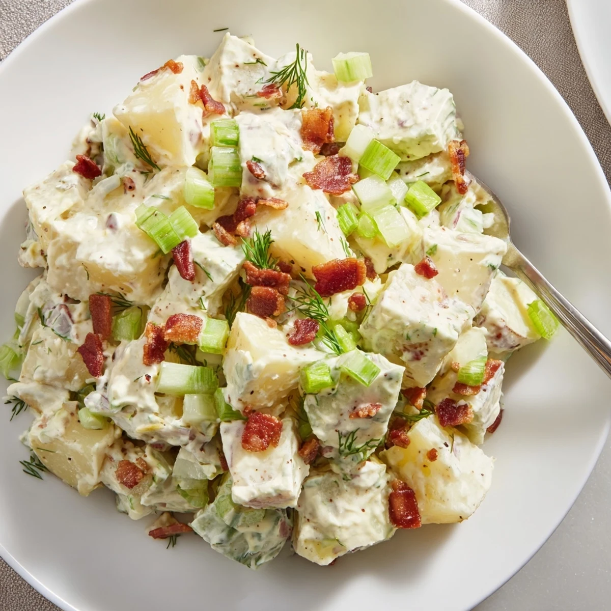 Forkful of Steakhouse Potato Salad showing creamy dressing and crispy bacon