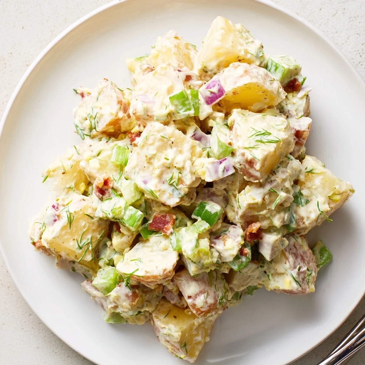 Warm Steakhouse Potato Salad tossed with tangy pickles, scallions, and smoked paprika