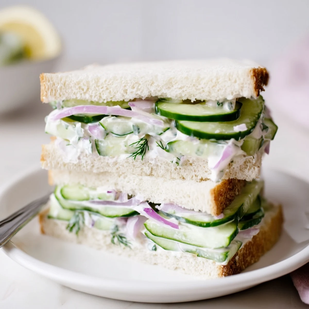 Light tea-time bites: Quick Cucumber Salad Sandwiches cut into crustless quarters, delicate