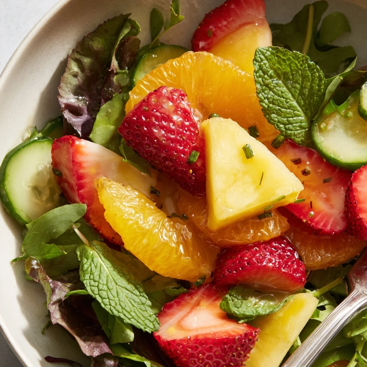 Crisp Sunshine Salad tossed with cucumber, pineapple, mint—served chilled.