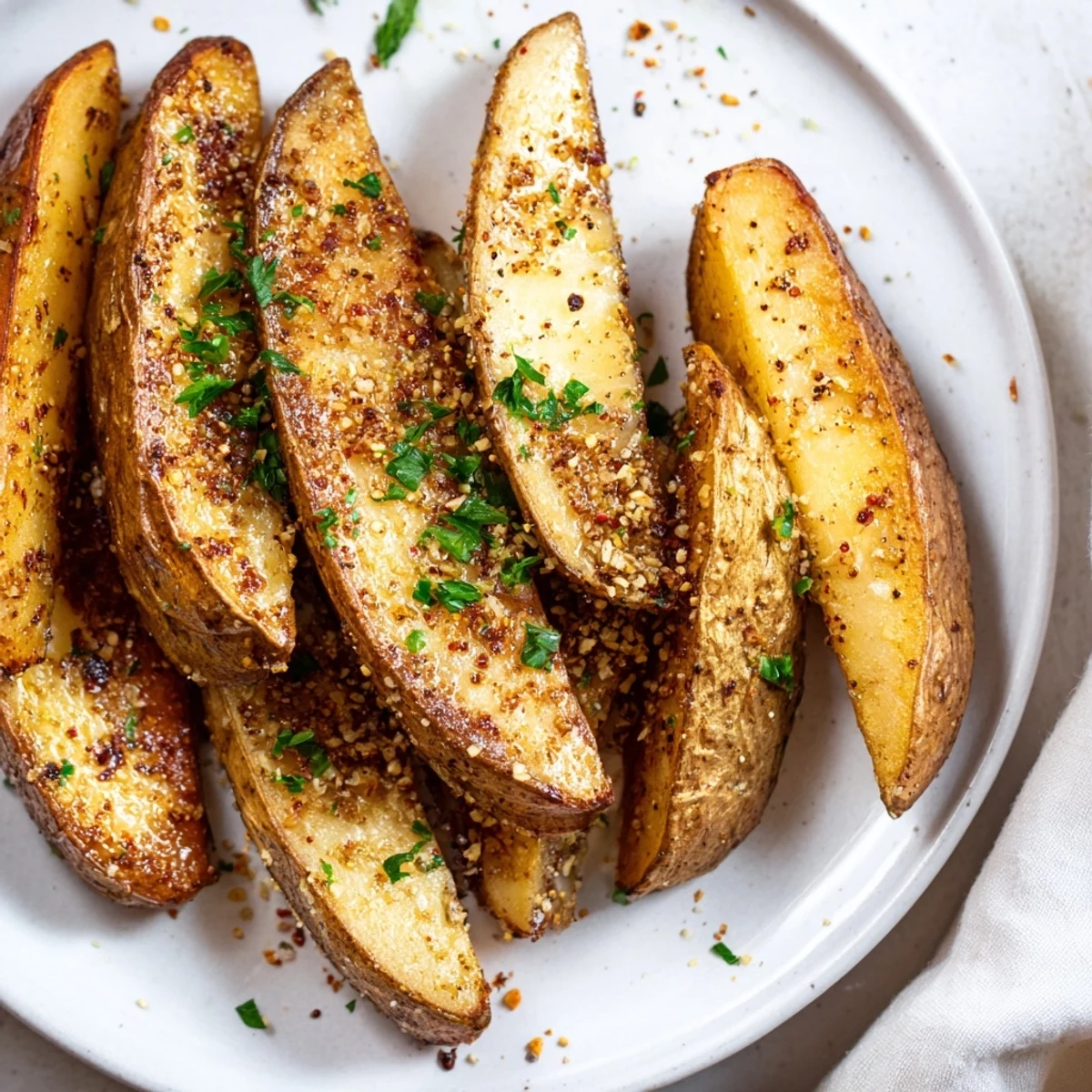 Crispy oven-baked Potato Wedges with golden edges and fluffy interiors, served hot