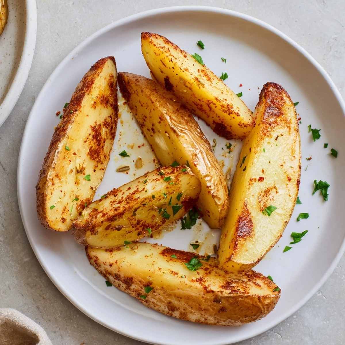 Seasoned Potato Wedges on parchment-lined baking sheet, sprinkled with fresh parsley