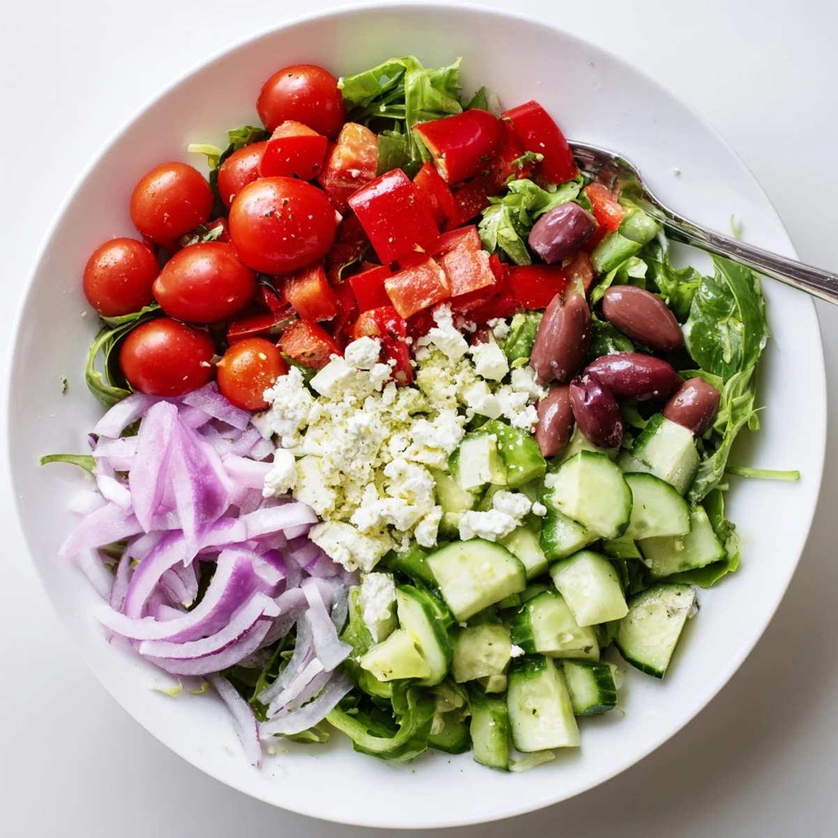 Fresh Salad Recipe: crisp greens, juicy cherry tomatoes, tossed in lemon dressing.