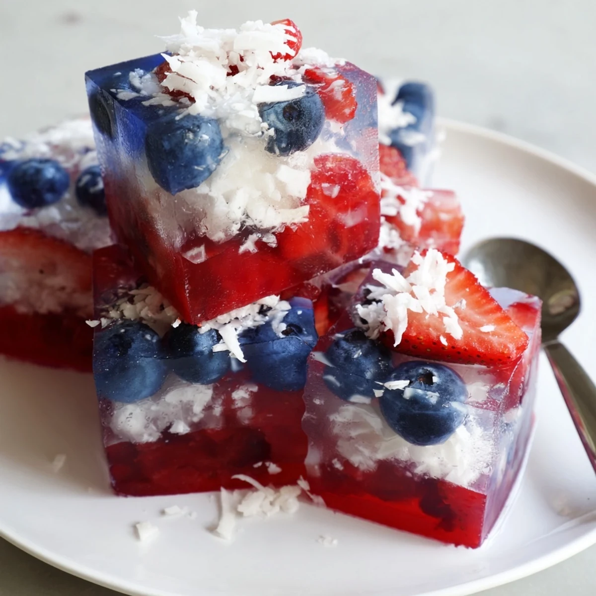 Homemade Red White And Blue Ice Cubes Recipe with coconut layer, bright strawberries