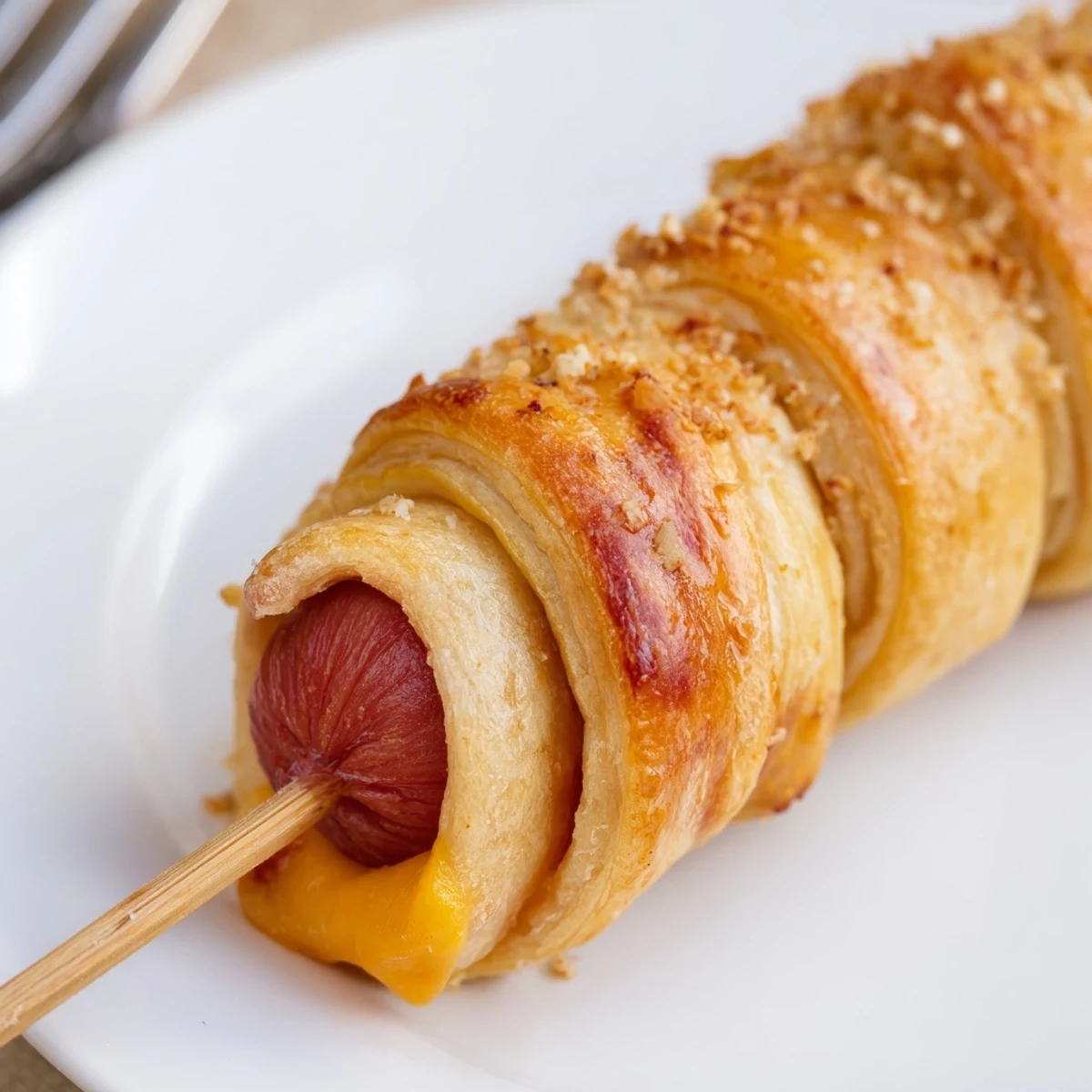 Golden baked Firecracker Hot Dogs wrapped in buttery crescent dough, skewers visible