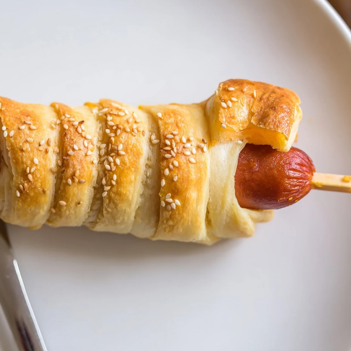 Party ready Firecracker Hot Dogs on parchment, golden spirals and melted cheddar