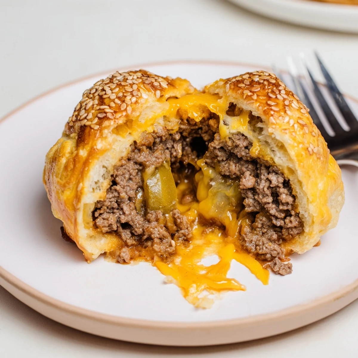 Golden baked Cheesy Cheeseburger Bombs Explosion Recipe, oozing melted cheddar.