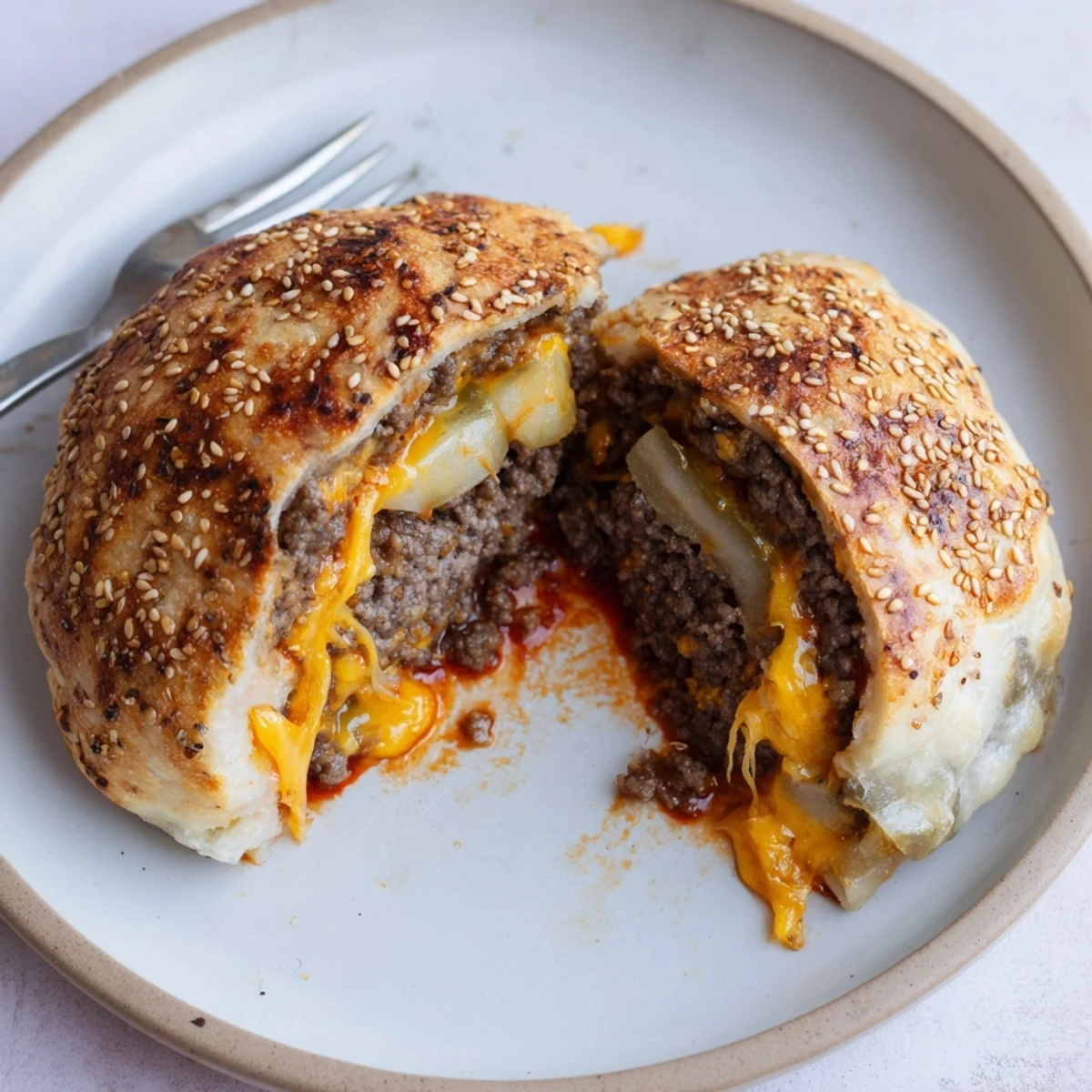 Cheesy Cheeseburger Bombs Explosion Recipe on parchment, sesame seeds, ready for dipping.