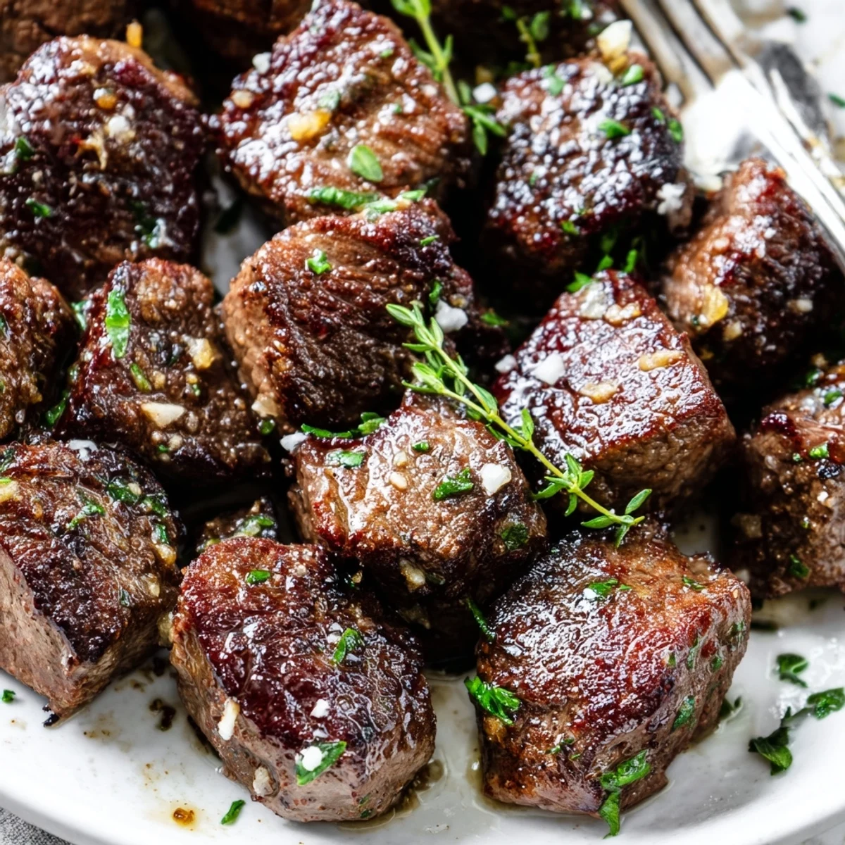 Garlic Butter Steak Bites sizzling in cast-iron skillet, golden crust and glossy butter
