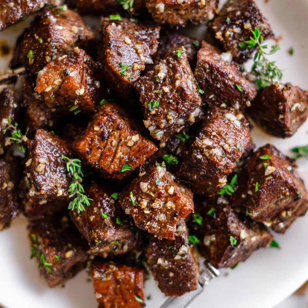 Plate of Garlic Butter Steak Bites over mashed potatoes, parsley and melted butter