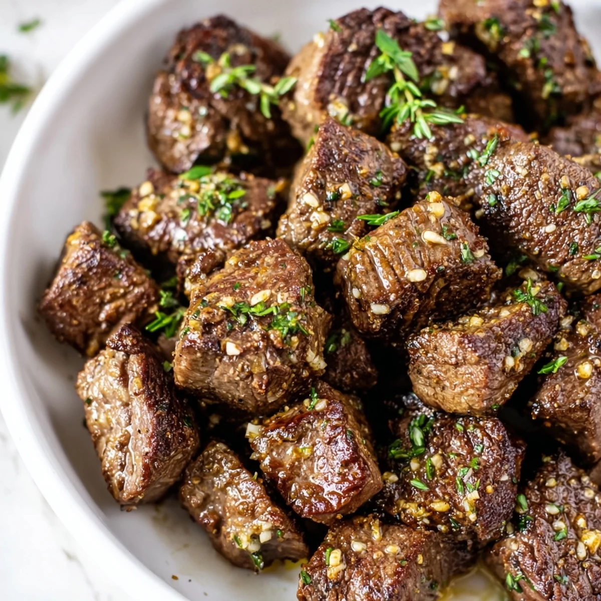 Toothpicked Garlic Butter Steak Bites with flaky sea salt, buttery aroma and herbs