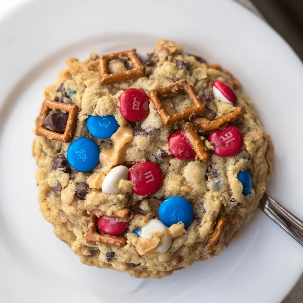 Warm Patriotic Monster Cookies Recipe piled on a cooling rack, colorful candies.