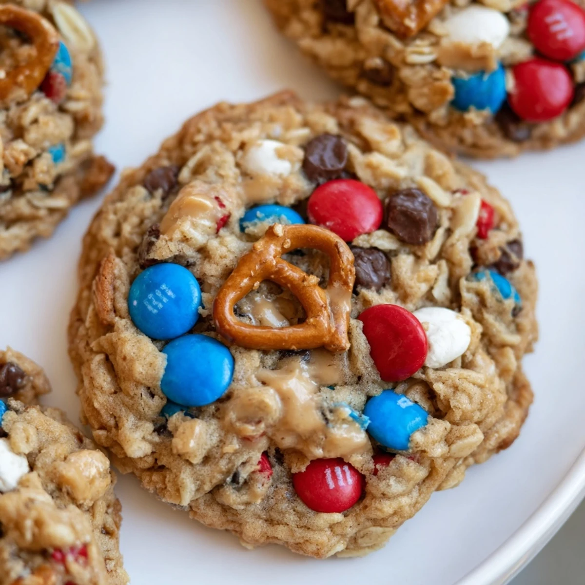 Chewy Patriotic Monster Cookies Recipe studded with red, white, blue candies, ready to serve.