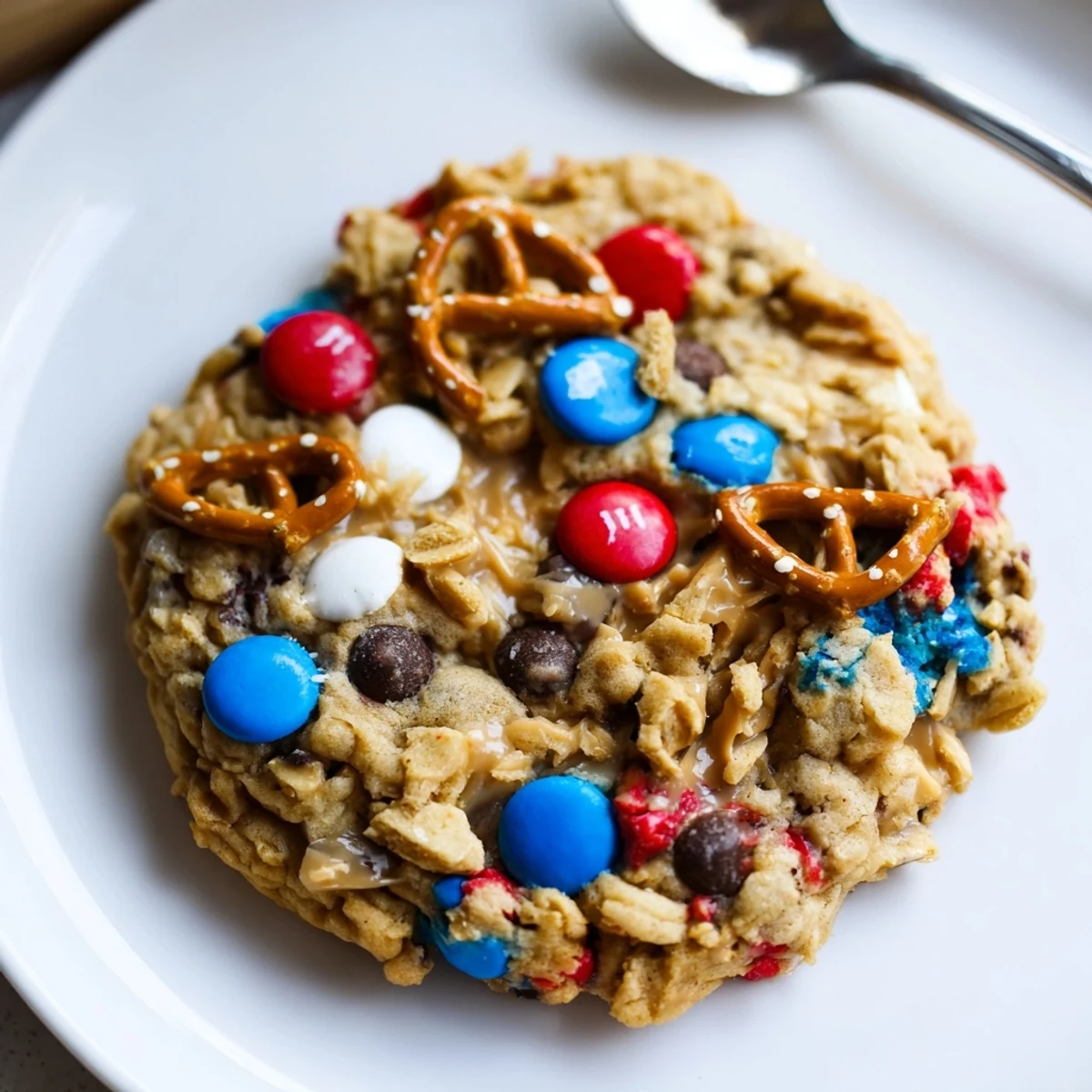 Patriotic Monster Cookies Recipe showing golden edges, peanut butter aroma, picnic ready plate.