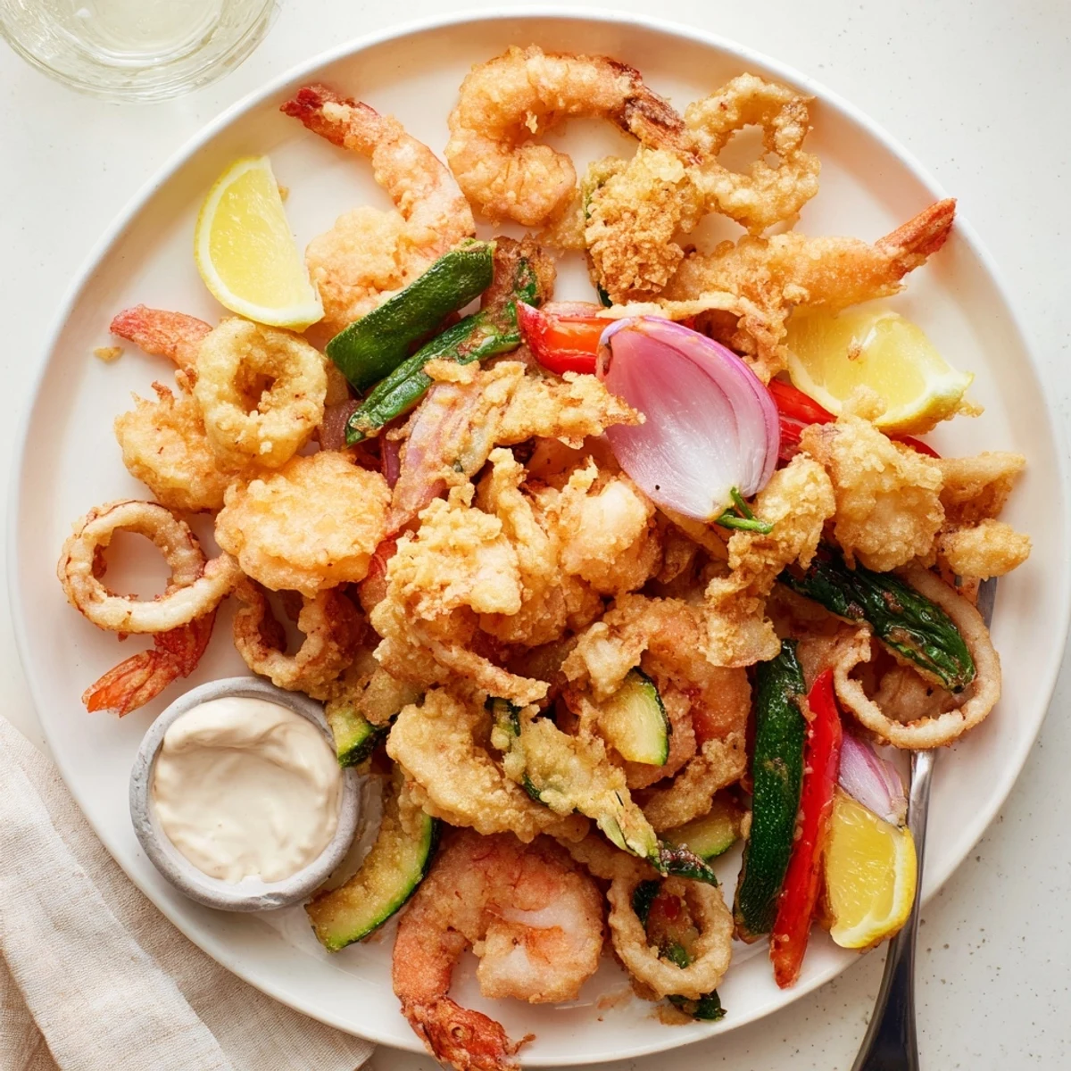 Crispy Shrimp Fritto Misto piled on platter, golden batter, lemon wedges.