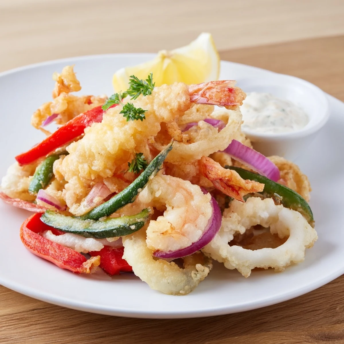 Served hot with aioli, Crispy Shrimp Fritto Misto glistens, herb-sprinkled.
