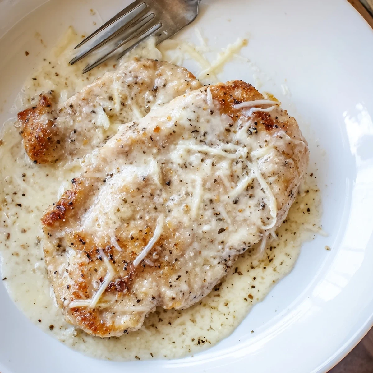 Chicken With Cheese Sauce spooned over golden seared breasts, steaming and rich.