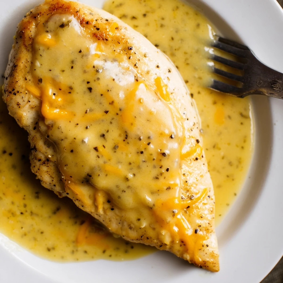 Pan baked Chicken With Cheese Sauce with creamy cheddar glaze and broccoli.