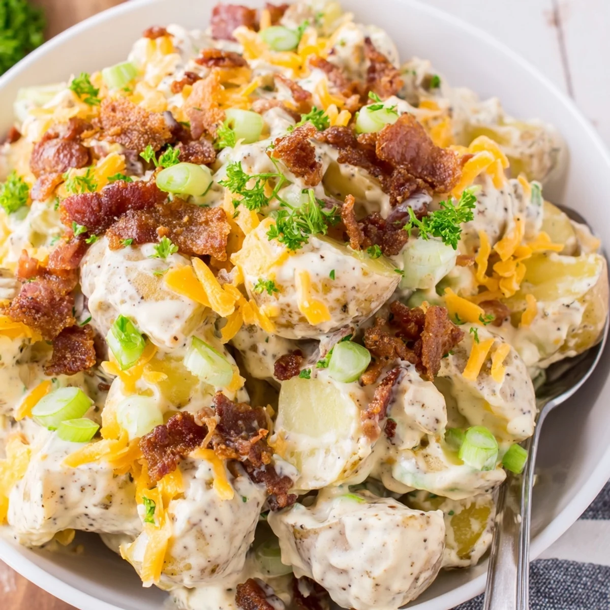 Creamy Beef Bacon Loaded Potato Salad with sharp cheddar, chilled for potlucks  