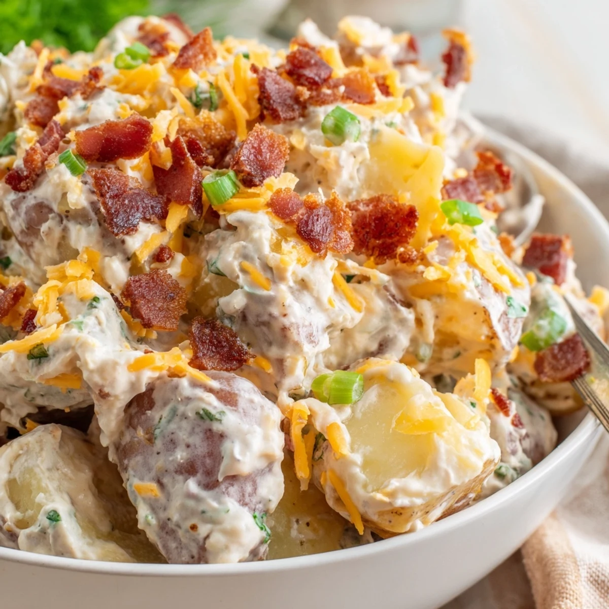 Chunky Beef Bacon Loaded Potato Salad garnished with green onions, smoky aroma