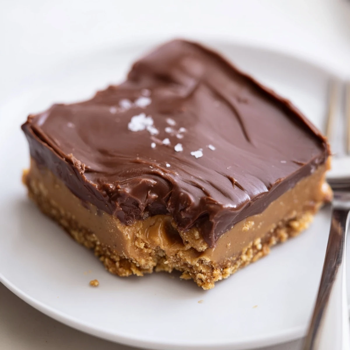 Stacked No Bake Peanut Butter Bars dusted with sea salt, ready to serve