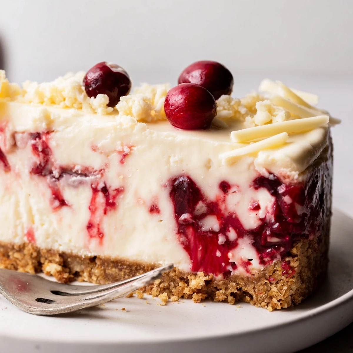 No Bake Cranberry White Chocolate Cheesecake on parchment-lined springform pan, glossy cranberry topping