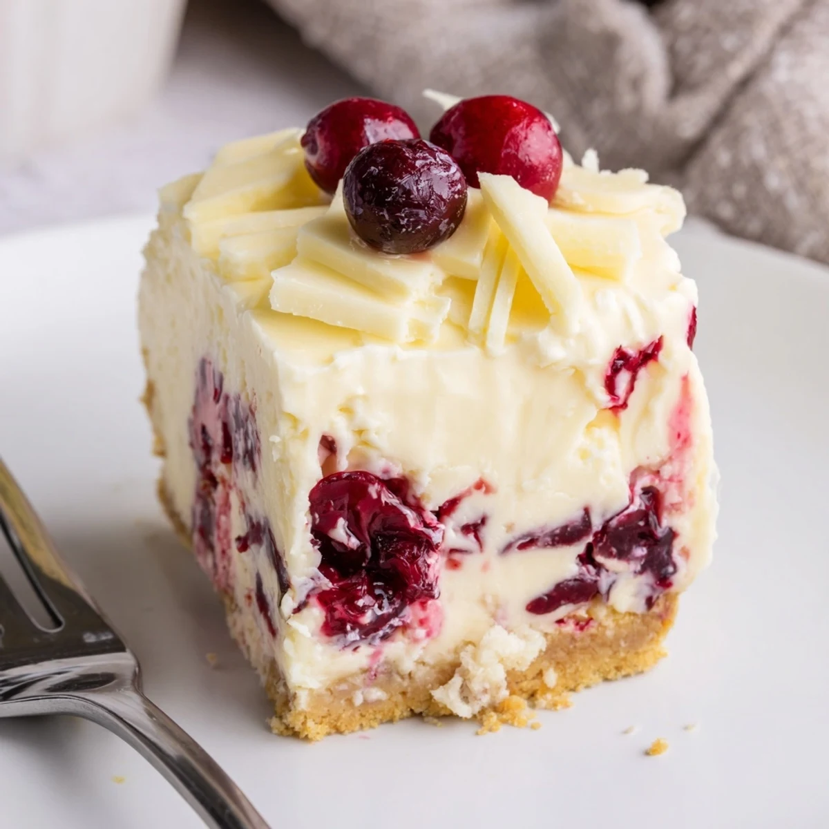 Slice of No Bake Cranberry White Chocolate Cheesecake with white chocolate shavings and buttery crust