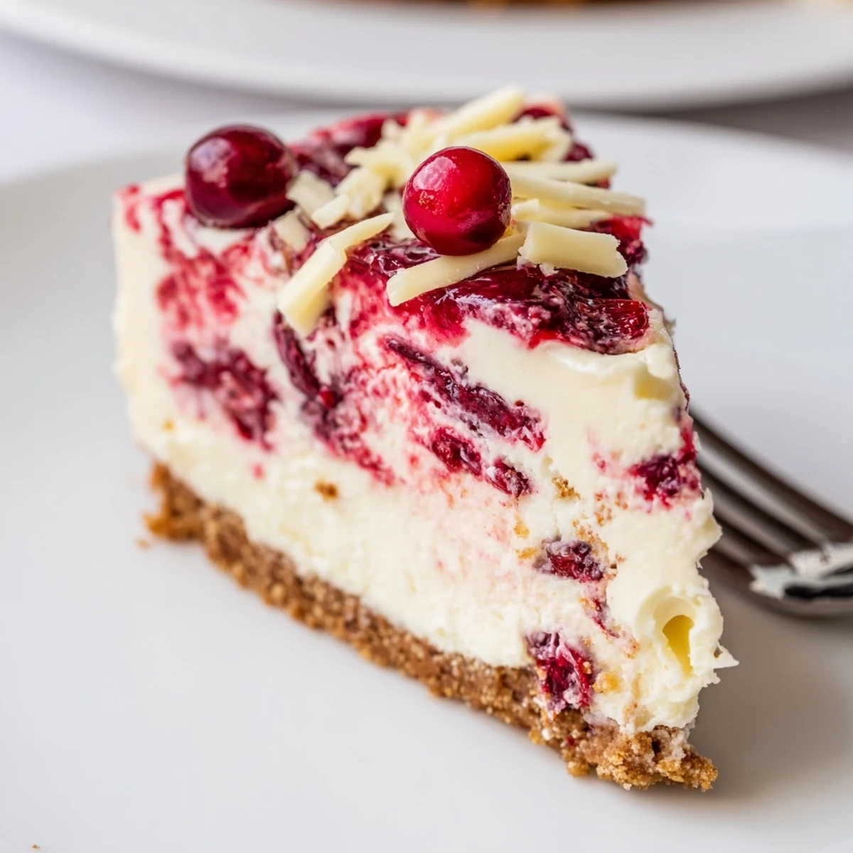 Chilled No Bake Cranberry White Chocolate Cheesecake, creamy filling and tangy cranberry swirl