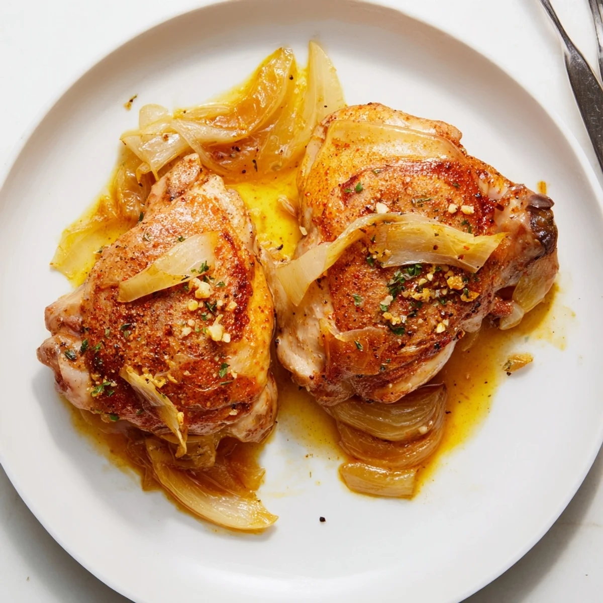 Pan showing Savory Smothered Chicken Thighs nestled in thick onion gravy, steaming
