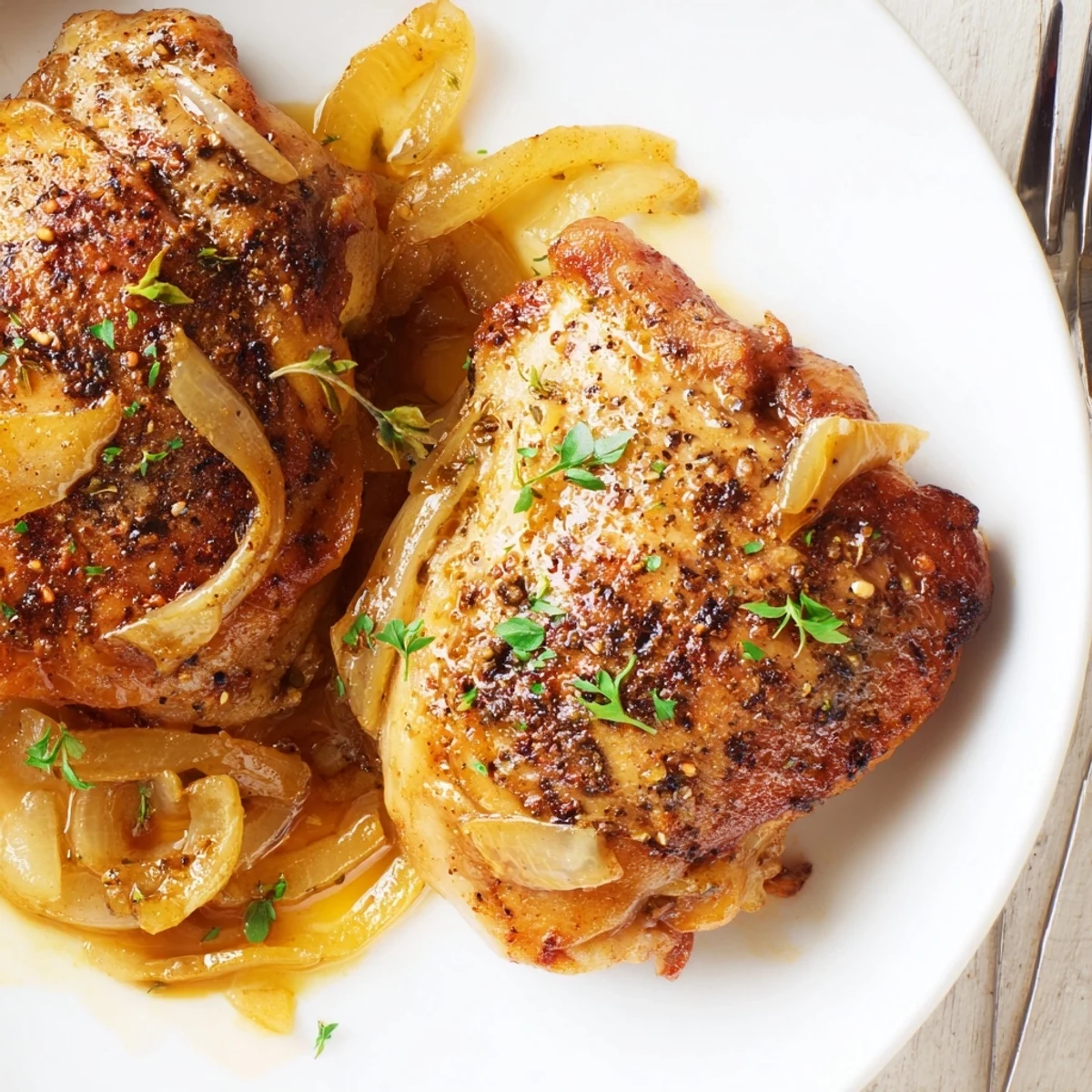 Plate warms with Savory Smothered Chicken Thighs, silky gravy, bright parsley garnish