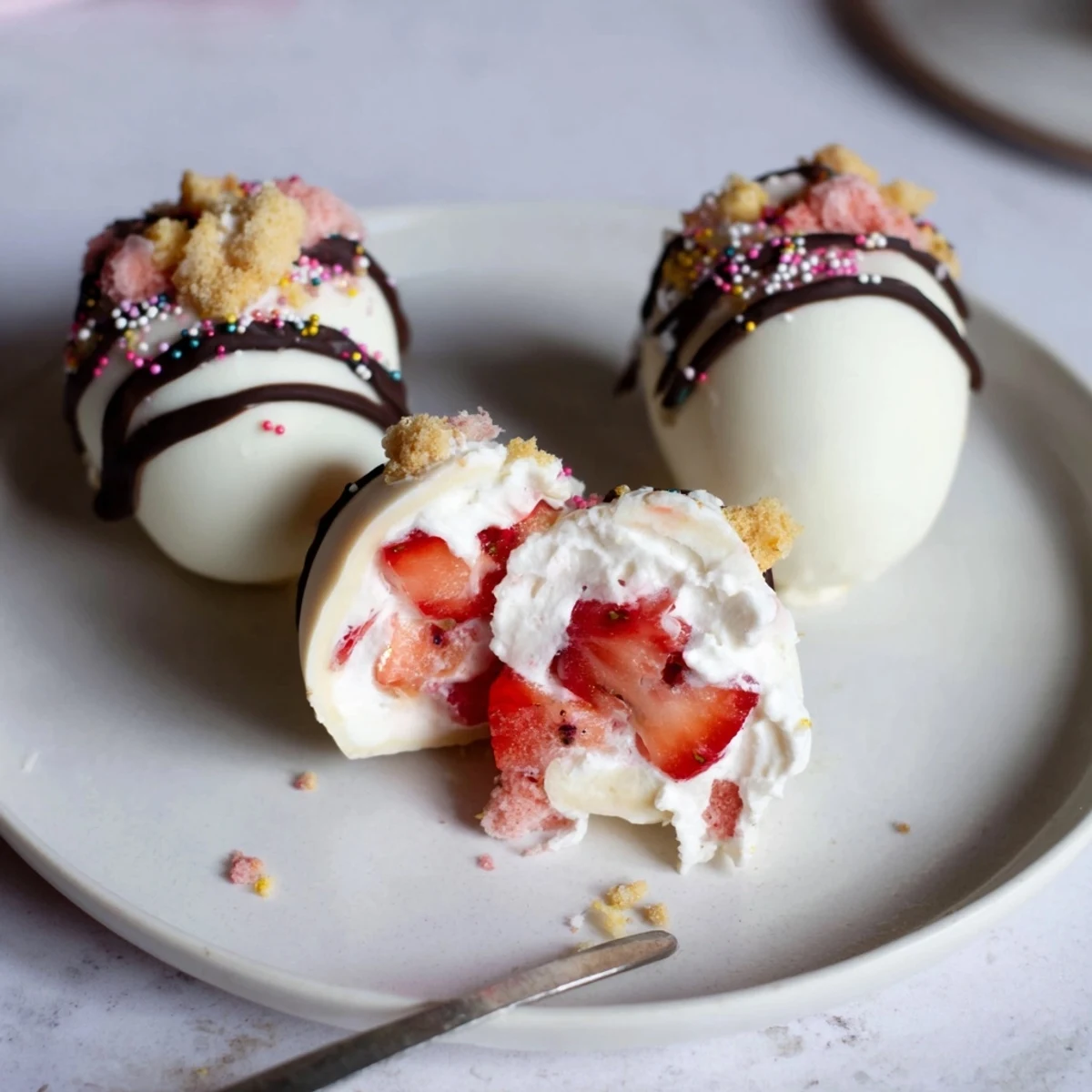 Strawberry Shortcake Easter Egg Bombs bursting with whipped cream and macerated strawberries  