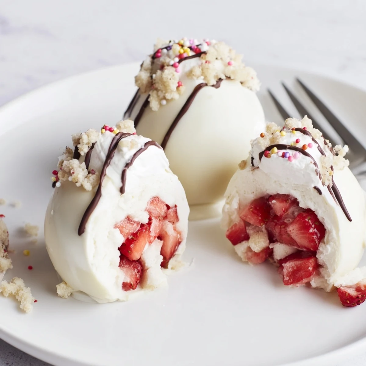 Strawberry Shortcake Easter Egg Bombs on a pastel plate, drizzled chocolate and sprinkles  