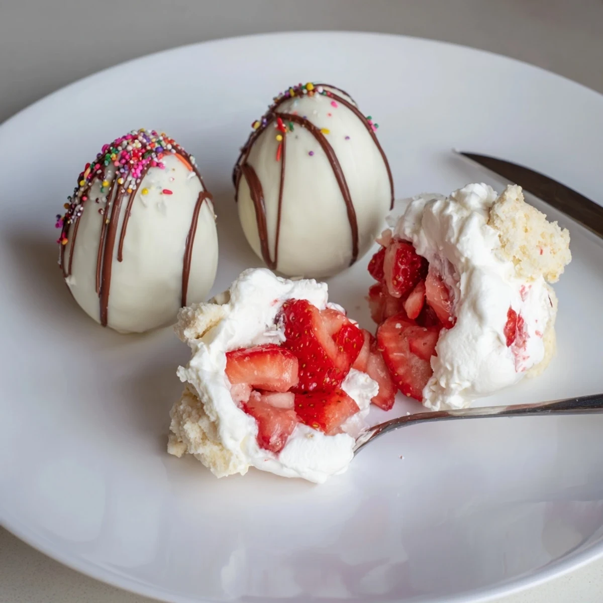 Strawberry Shortcake Easter Egg Bombs chilled, creamy filling oozing, ideal for spring dessert