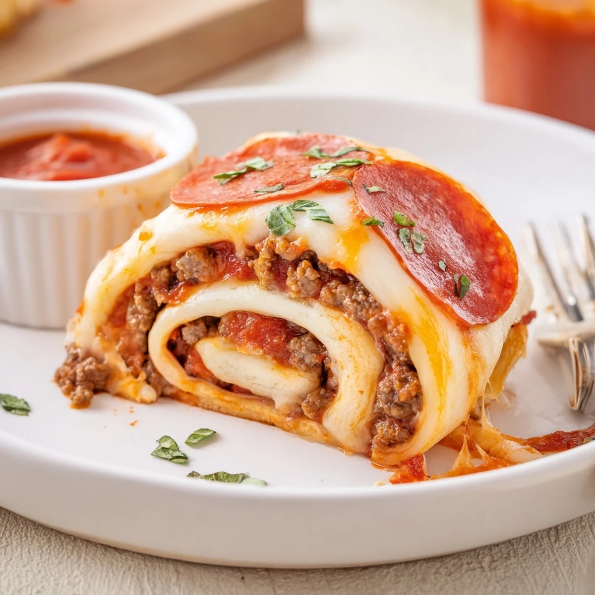 Oven-baked Cheesy Beef Pepperoni Pizza Roll Ups Snack Recipe served with marinara.