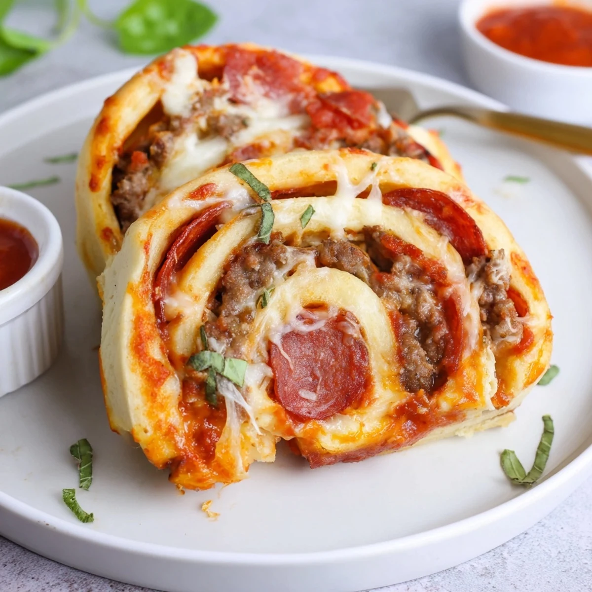 Plate of Cheesy Beef Pepperoni Pizza Roll Ups Snack Recipe, crispy edges visible.