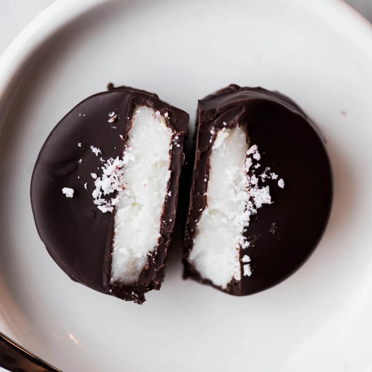Rows of homemade Peppermint Patties cooling on rack, rich chocolate coating