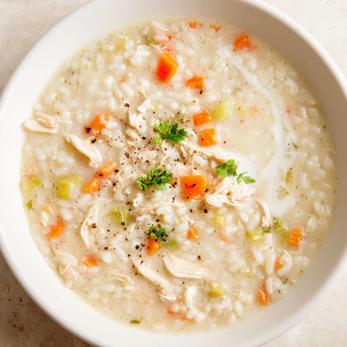 Bowl of Creamy Chicken Rice Soup garnished with parsley, served with bread